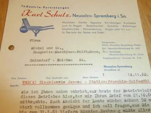 Industrie-Vertretung , Karl Schulze in Neusalza - Spremberg i. Sa. , 1960 , alte Rechnung , Reklame / Werbung !!