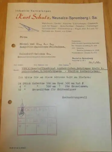 Industrie-Vertretungen - Karl Schulz in Neusalza - Spremberg i. Sa., 1960 , alte Rechnung , Reklame / Werbung !!