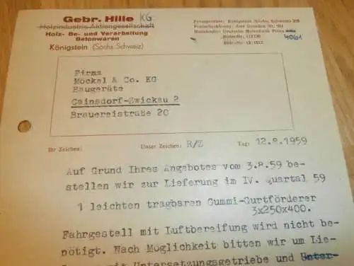 Gebrüder Hille KG in Königstein / Sächs. Schweiz , 1959 , alte Rechnung , Reklame / Werbung !!