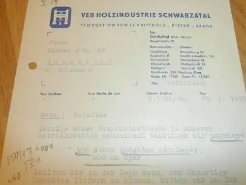 VEB Holzindustrie Schwarzatal / Goldisthal , 1959 , Hr. Finn , Hr. Hippe , alte Rechnung , Reklame / Werbung !!