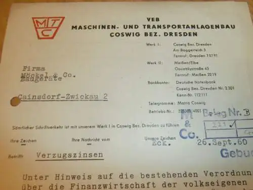 VEB Transportanlagenbau Coswig b. Dresden , 1960 , alte Rechnung , Reklame / Werbung !!