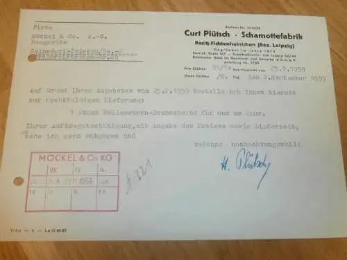 Schamottefabrik - Curt Plütsch in Rositz Fichtenhainichen b. Leipzig , 1959 , alte Rechnung , Reklame / Werbung !!
