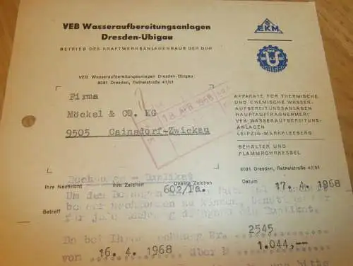 VEB Wasseraufbereitung Dresden - Übigau , 1968 , Hr. Liebscher und Hr. Bauer , alte Rechnung , Reklame / Werbung !!