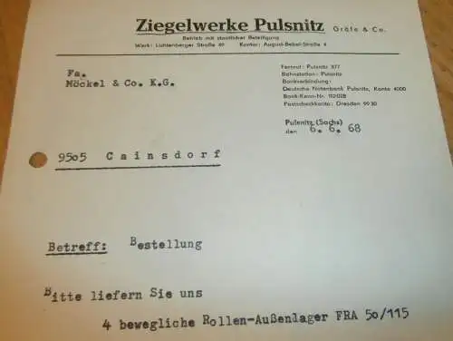 Ziegelwerke in Pulsnitz , 1968 , alte Rechnung , Reklame / Werbung !!