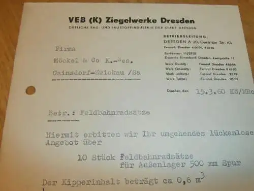 VEB Ziegelwerke in Dresden , 1960 , alte Rechnung , Reklame / Werbung !!