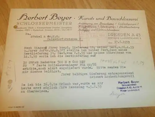 Herbert Beyer - Schlossermeister in Dresden , 1959 , alte Rechnung , Reklame / Werbung !!