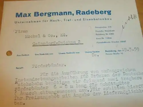 Tiefbau - Max Bergmann in Radeberg , 1959 , alte Rechnung , Reklame / Werbung !!