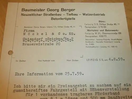 Strassenbau - Baumeister - Georg Berger in Leipzig , 1959 , alte Rechnung , Reklame / Werbung !!