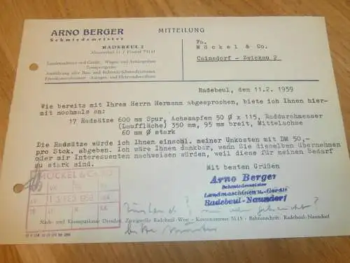 Schmiedemeister - Arno Berger in Radebeul - Altnaundorf , 1959 , alte Rechnung , Reklame / Werbung !!