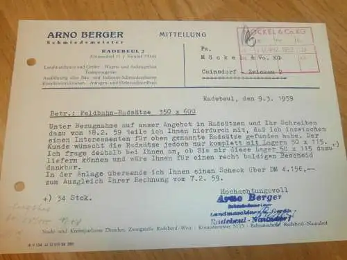Schmiedemeister - Arno Berger in Radebeul - Altnaundorf , 1959 , alte Rechnung , Reklame / Werbung !!