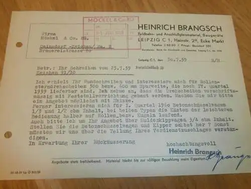 Feldbahn-Bau - Heinrich Brangsch in Leipzig , 1959 , alte Rechnung , Reklame / Werbung !!