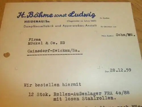 Damfkesselfabrik - H. Böhme in Heidenau / Sa. , 1959 , alte Rechnung , Reklame / Werbung !!