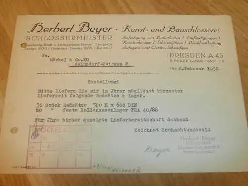Kunst und Bauschlosserei - Herbert Beyer in Dresden , 1959 , alte Rechnung , Reklame / Werbung !!