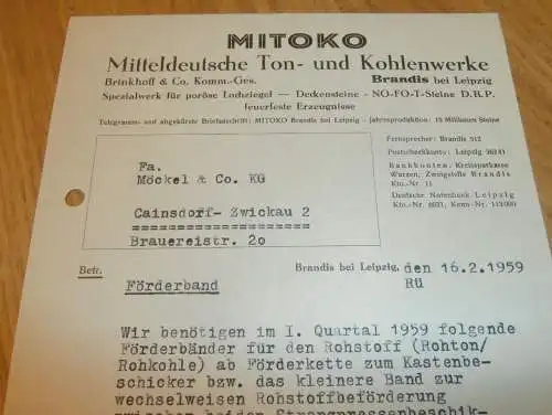 MITOKO - Mitteldeutsche Tonwerke in Brandis b. Leipzig , 1959 , alte Rechnung , Reklame / Werbung !!