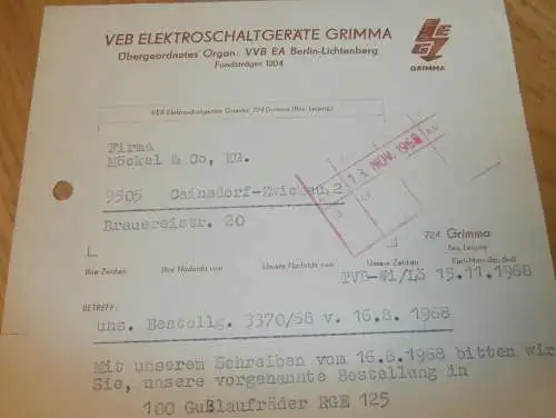VEB Elektroschaltgeräte Grimma , 1968 , alte Rechnung , Reklame / Werbung !!