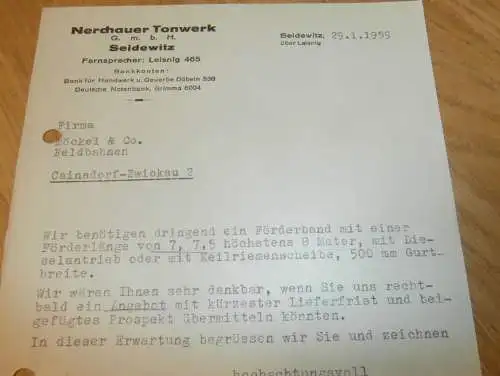 Nerchauer Tonwerk in Seidewitz b. Leisnig , 1959 , Döbeln , alte Rechnung , Reklame / Werbung !!