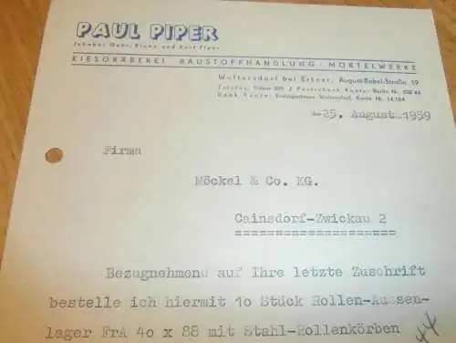 Kies-Gräberei Paul Piper in Woltersdorf b. Erkner , Berlin , 1959 , alte Rechnung , Reklame / Werbung !!