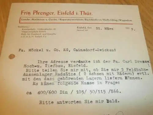 Wagenbau - Fritz Pfrenger in Eisfeld i. Thüringen , 1959 , alte Rechnung , Reklame / Werbung !!