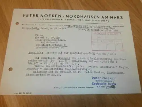 Strassenbau - Peter Noeken in Nordhausen am Harz , 1959 , alte Rechnung , Reklame / Werbung !!