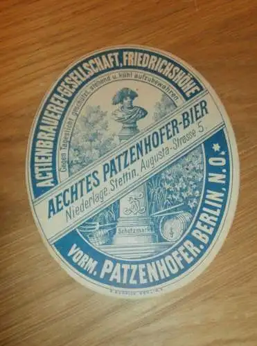 Patzenhofer Bier Stettin , Etikett , Brauerei , Friedrichshöhe Bierbrauerei , Pommern !!