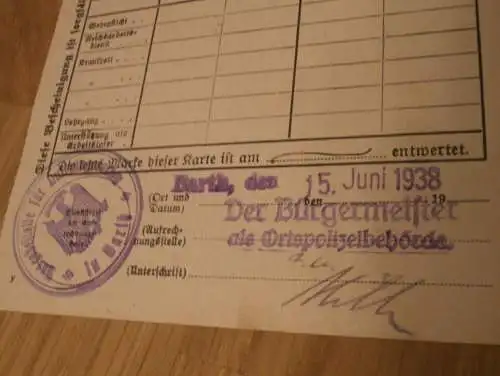 Bescheinigung - Bürgermeister in Barth , 1938 , Polizei , Mecklenburg !!
