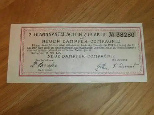 Aktie - Anteilschein , Dampfer Compagnie in Stettin 1922 , Pommern !!