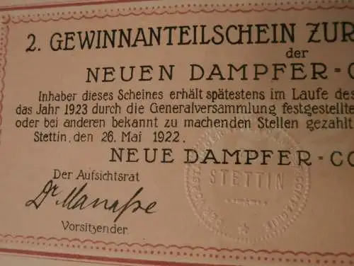 Aktie - Anteilschein , Dampfer Compagnie in Stettin 1922 , Pommern !!