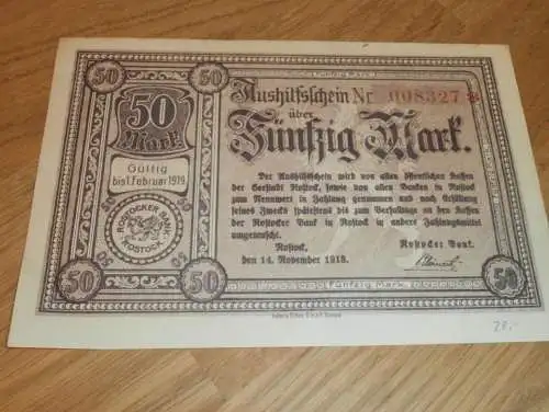 Banknote Rostock - 1918 , Aushilfsschein , Rostocker Bank , Fünfzig Mark !!