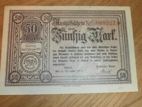 Banknote Rostock - 1918 , Aushilfsschein , Rostocker Bank , Fünfzig Mark !!