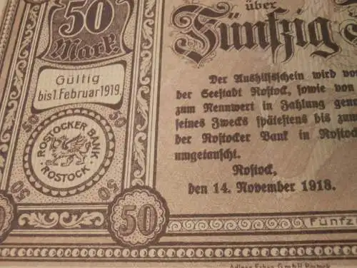 Banknote Rostock - 1918 , Aushilfsschein , Rostocker Bank , Fünfzig Mark !!