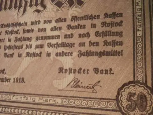 Banknote Rostock - 1918 , Aushilfsschein , Rostocker Bank , Fünfzig Mark !!
