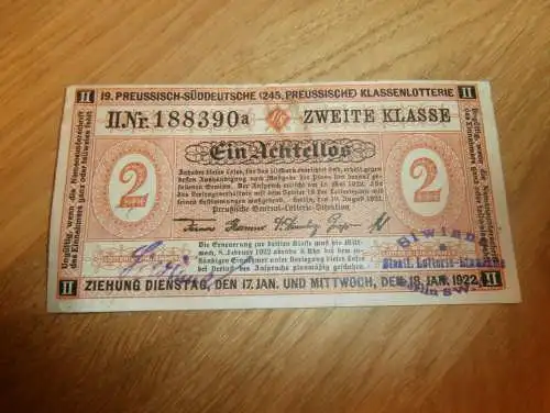 Preussische Klassenlotterie , 1922 , Lotterie , Los , Lotterielos , Biwinna - Berlin , Achtellos !!!