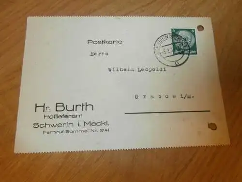 Hoflieferant Burth in Schwerin 1934 , Drucksache , Grabow Reklame , Mecklenburg !!