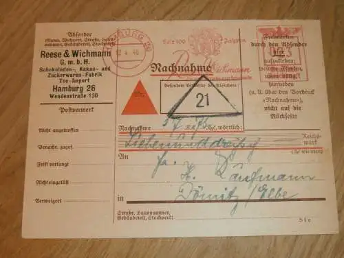 Reese & Wichmann in Hamburg , 1940 , Nachnahme Dömitz a. Elbe, Post , Express , Mecklenburg !!