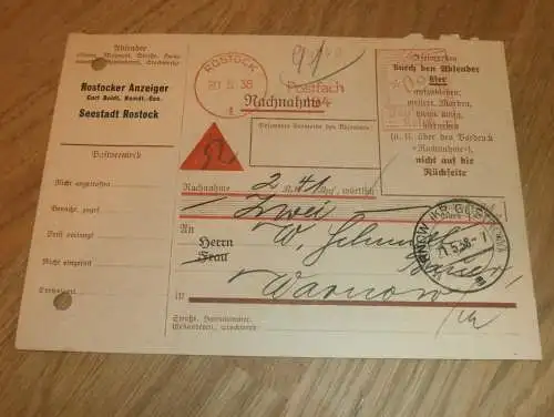 Rostocker Anzeiger 1938 , Post , Warnow , Rostock , Express , Nachnahme , Warnow , Mecklenburg !!