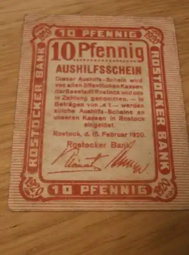 Rostocker Bank 1920 , alte Marke , 10 Pfennig , Notgeld Rostock , Aushilfsschein , Mecklenburg !!