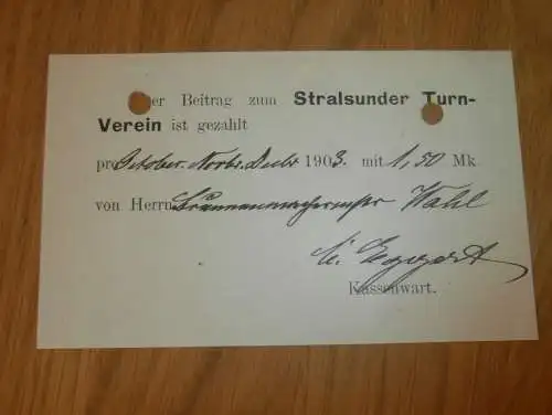 Turnverein Stralsund , 1903 , alter Beleg , Verein , Mecklenburg !!