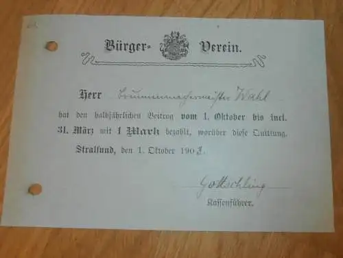Bürgerverein Stralsund , 1903 , alter Beleg , Verein , Mecklenburg !!