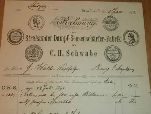 Dampf-Sensenschärfer-Fabrik in Stralsund , 1893 , C.H. Schwabe , alte Rechnung , Mecklenburg !!