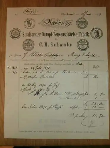 Dampf-Sensenschärfer-Fabrik in Stralsund , 1893 , C.H. Schwabe , alte Rechnung , Mecklenburg !!