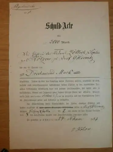 Schuld-Acte , Dorf Göldenitz , 1883 , Sophie Zöllich geb. Kölzow , Schwaan , Hypothek , Mecklenburg !!