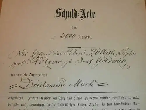 Schuld-Acte , Dorf Göldenitz , 1883 , Sophie Zöllich geb. Kölzow , Schwaan , Hypothek , Mecklenburg !!