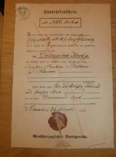 Hypothekenschein , Dorf Göldenitz , 1885 , Joachim Bölkow in Schwaan , Hypothek , Mecklenburg !!