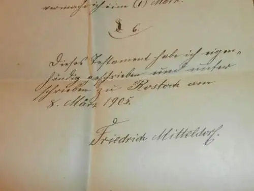 Friederich Mitteldorf in Rostock 1905 , altes Dokument , Marta Dethloff , Mecklenburg !!