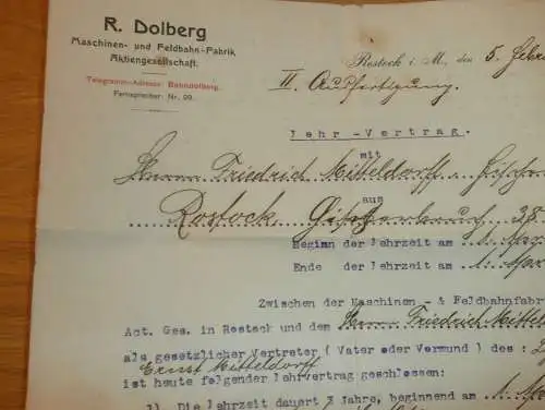 Feldbahn-Fabrik R. Dolberg in Rostock i. Mecklenburg , 1907 , alter Vertrag , Friederich Mitteldorff !!