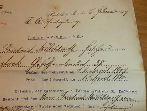 Feldbahn-Fabrik R. Dolberg in Rostock i. Mecklenburg , 1907 , alter Vertrag , Friederich Mitteldorff !!