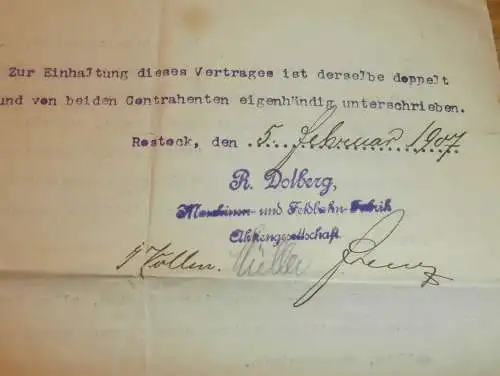 Feldbahn-Fabrik R. Dolberg in Rostock i. Mecklenburg , 1907 , alter Vertrag , Friederich Mitteldorff !!
