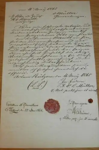 altes Dokument mit Siegel - Bützow 1865 , Mecklenburg , Bernitt / Rostock , von Müller in Stralsund !!!