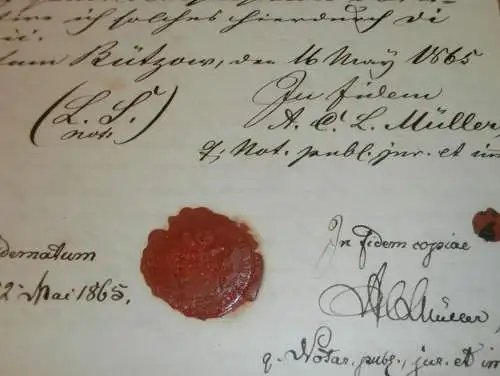 altes Dokument mit Siegel - Bützow 1865 , Mecklenburg , Bernitt / Rostock , von Müller in Stralsund !!!
