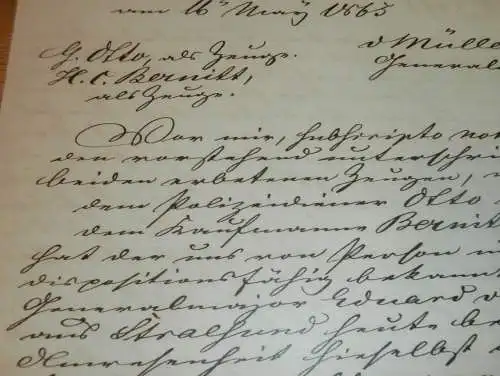 altes Dokument mit Siegel - Bützow 1865 , Mecklenburg , Bernitt / Rostock , von Müller in Stralsund !!!